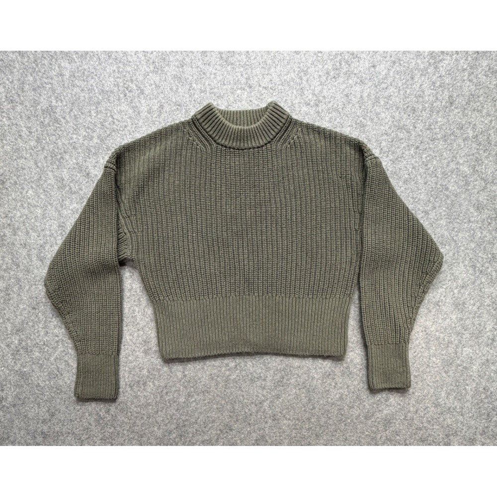 Everlane Organic Cotton Cropped Rib Knit Mock Neck Sweater Olive Green XS Winter